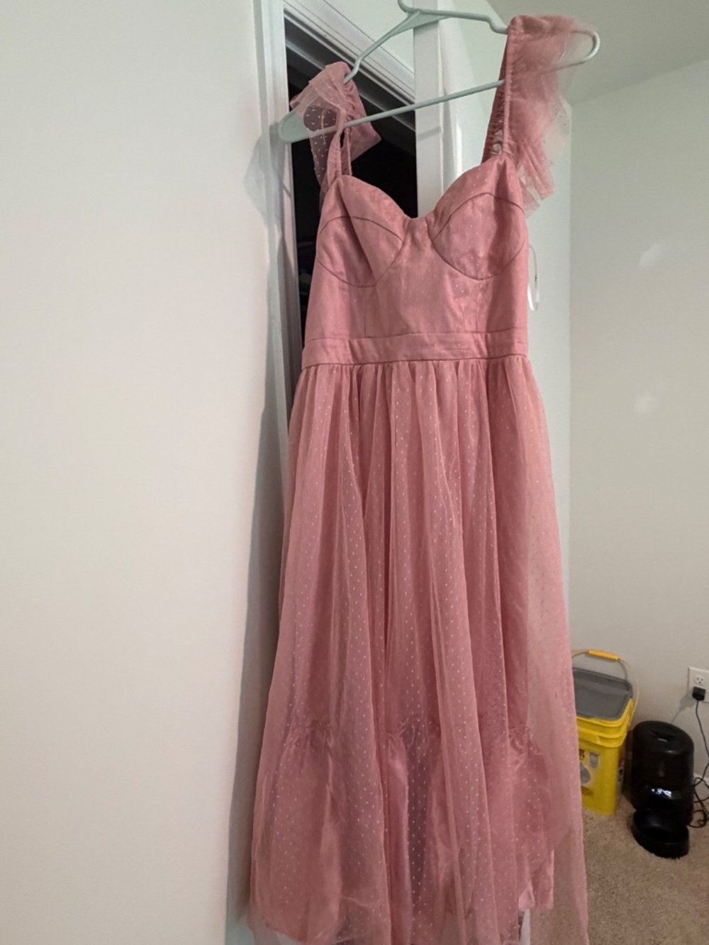 Lulus Pretty Promise Mauve Pink Swiss Dot Tulle Ruffled Midi Dress - Size XL - Picture 2 of 6